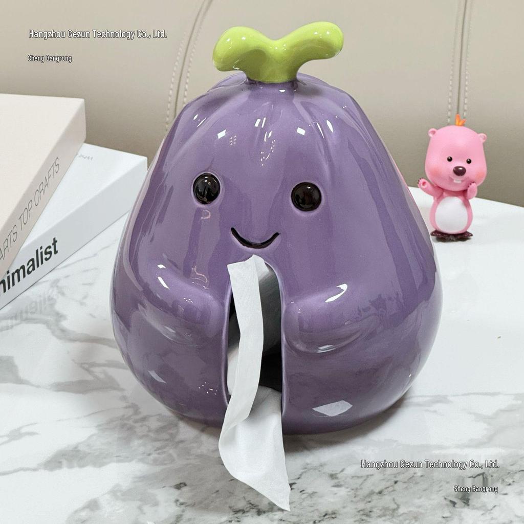Cute Eggplant Ceramic Tissue Box - Cartoon Napkin Holder for Living Room Decor