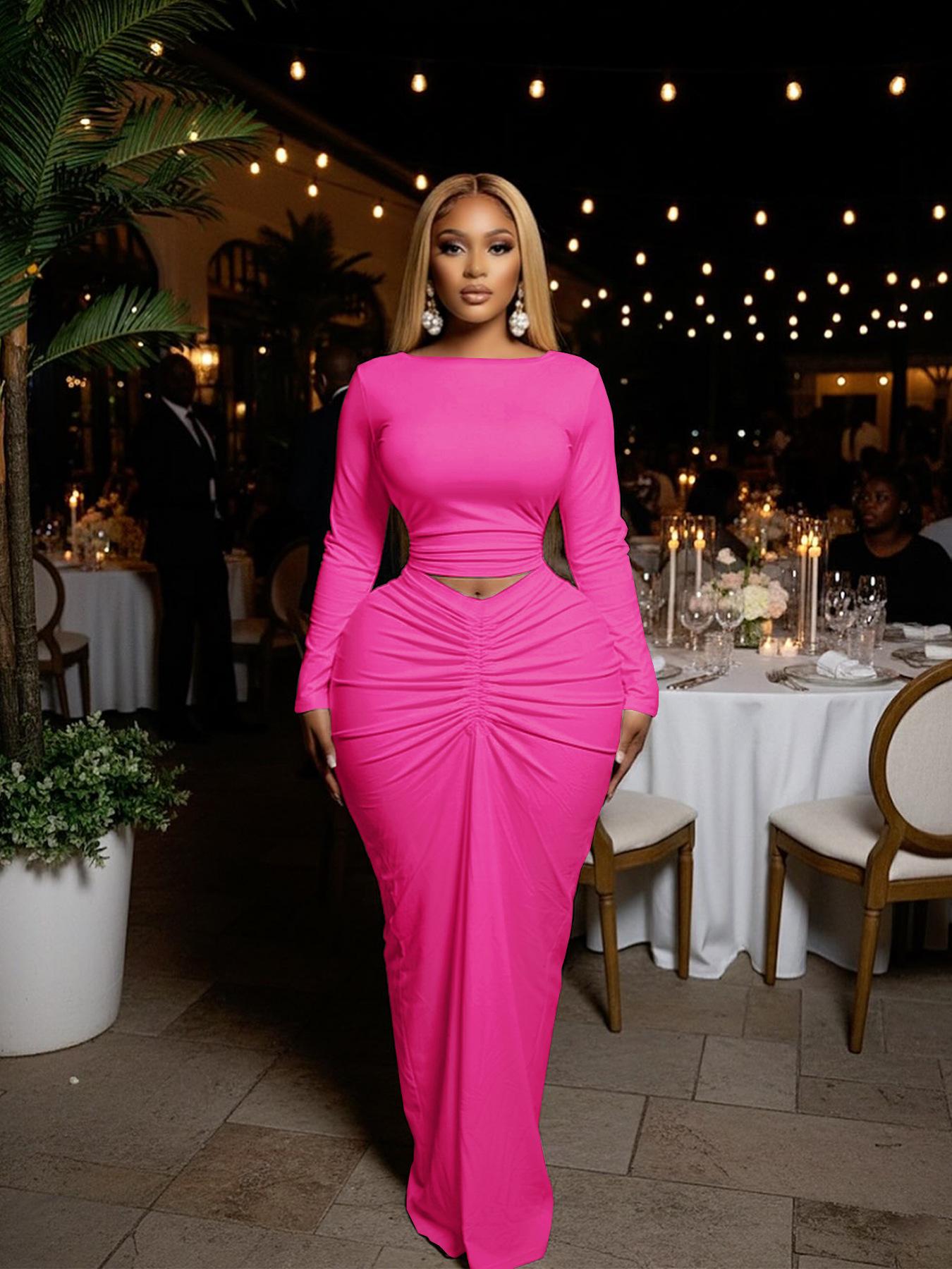 

TW828 Women s Spring Solid Color Fashionable Sexy Ruched Bodycon Skirt Two-Piece Set S рожевий червоний колір