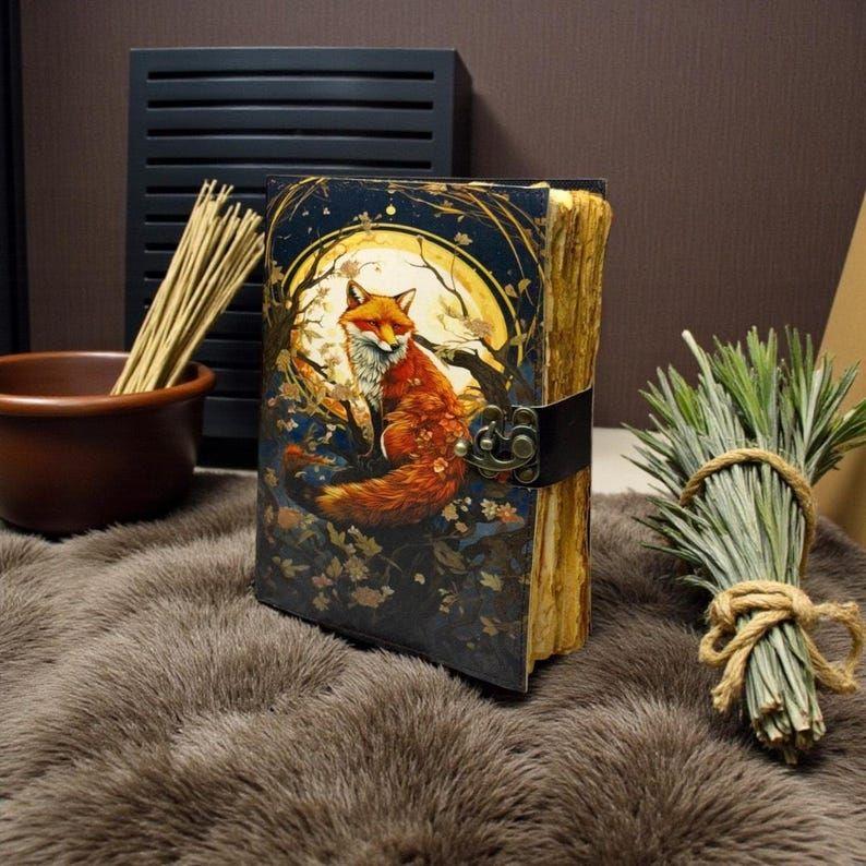 Fox Leather Grimoire | Handmade Spell Book of Shadows, Thick Vintage Deckle Paper Journal, Unique Fox Gift for Him and Her