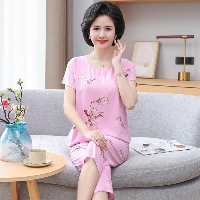 Ice Silk Suit Pajamas Women's Summer Short-sleeved Middle-aged Casual Wear Can Be Worn Outside Mother's Thin Two-piece Set