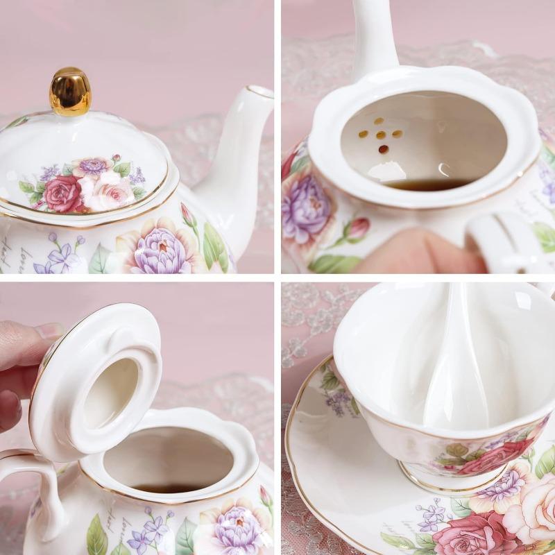 European Porcelain Coffee Set, Bone China Tea Set, Vintage Floral Coffee Tea Pot with Cups