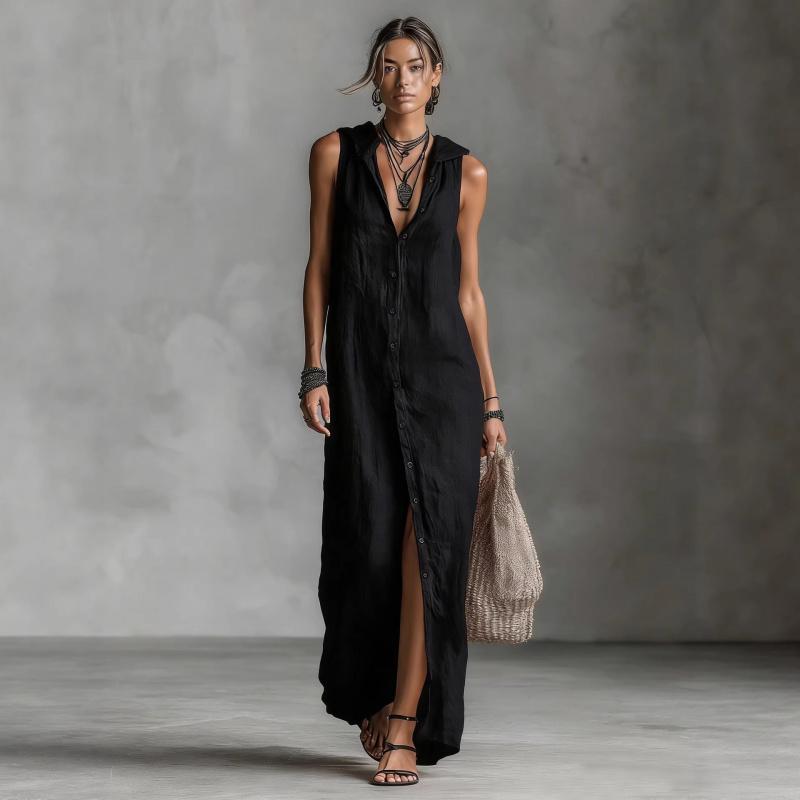 2026 New Women's Casual Loose Sleeveless Long Dress with Single-Breasted Buttons and Fashionable Hood