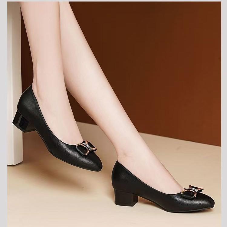 Coarse heel leather single shoes new middle heel leather shoes soft leather soft sole high heels