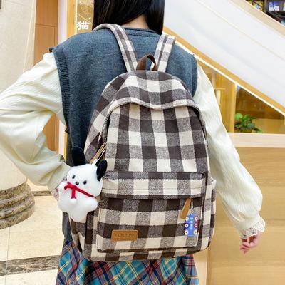 2025 Winter Plaid Canvas Backpack Female Middle School Student Junior High School Student Backpack College Student Simple Cute Schoolbag