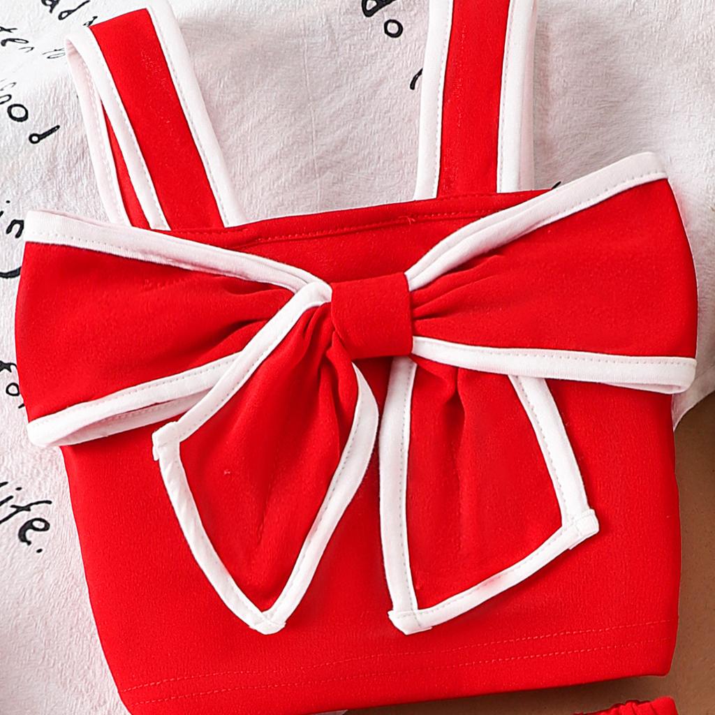 Elegante Completo Rosso da Bambina - Set Semplice Estivo con T-shirt con Fiocco e Pantaloncini