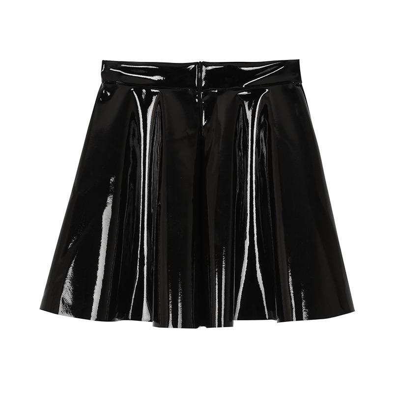 Women Dark Style Shiny Pu Leather Pleated A Line Mini Skirt