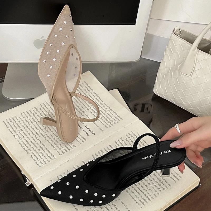 Elegant Mesh Rhinestone Breathable Heels Women Sexy Banquet Pointed Toe Wedding Brides Shoes Luxury Design Brand Slide Sandals