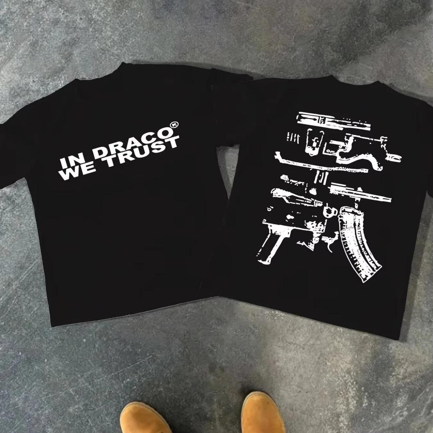 

2025 Summer New In Draco We Trust T-Shirt Men Women Short Sleeve Gun Printing Tees High Quality Brand T-Shirt Y2k Streetwear XXXXXL чорний