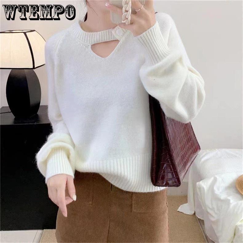 Solid Color Round Neck Knitted Sweater for Women Pullover Knitted Sweater Loose Top for Women