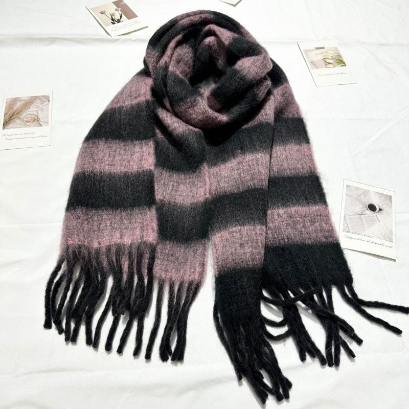 New Style Mohair Striped Colorful Scarf for Women in Winter Korean Style Thickened and Warm with Plush Scarf for Men