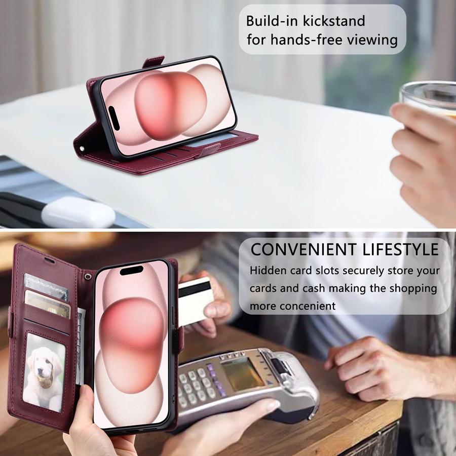 Kickstand Folio Case with Card Slots Holder Wrist Strap Lanyard for iPhone 16 15 14 13 12 11 16e 13 Pro Max 16 Pro XR 7 8 Plus SE Phone Case Wallet