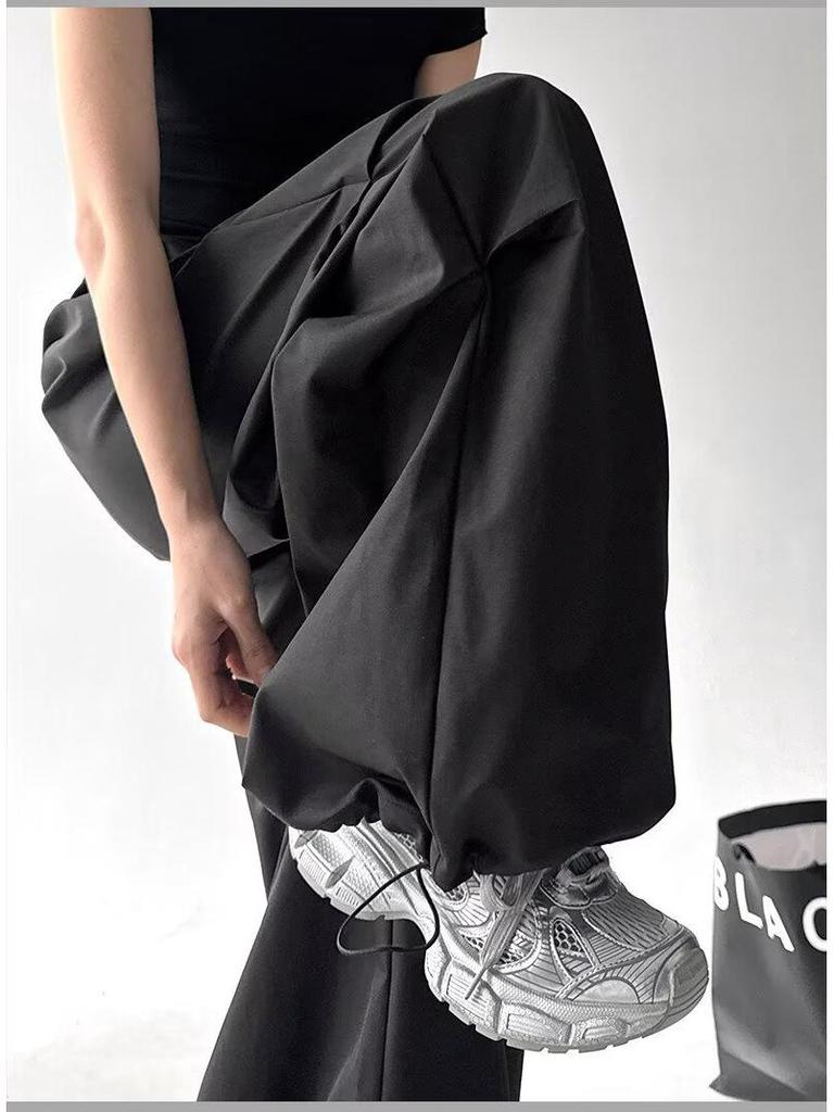 Women's Gray High-Waisted Wide-Leg Workwear Pants - Loose, Slimming, Casual Straight-Leg Parachute Style for Early Spring 2026