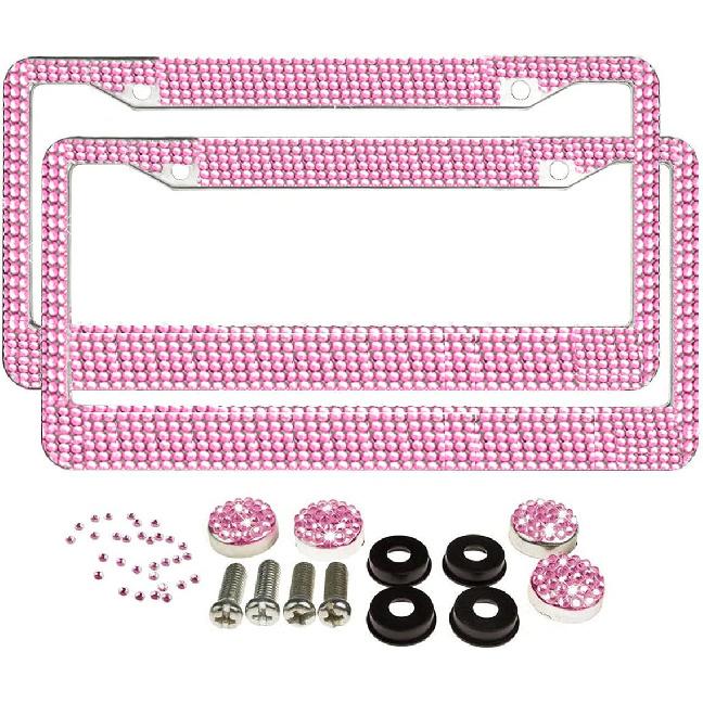 Car License Plate Frame for Women Men 2 Pcs Bling Rhinestone Licence Plate Holder Stainless Steel Covers with Screw Caps Crystal Glitter Tag