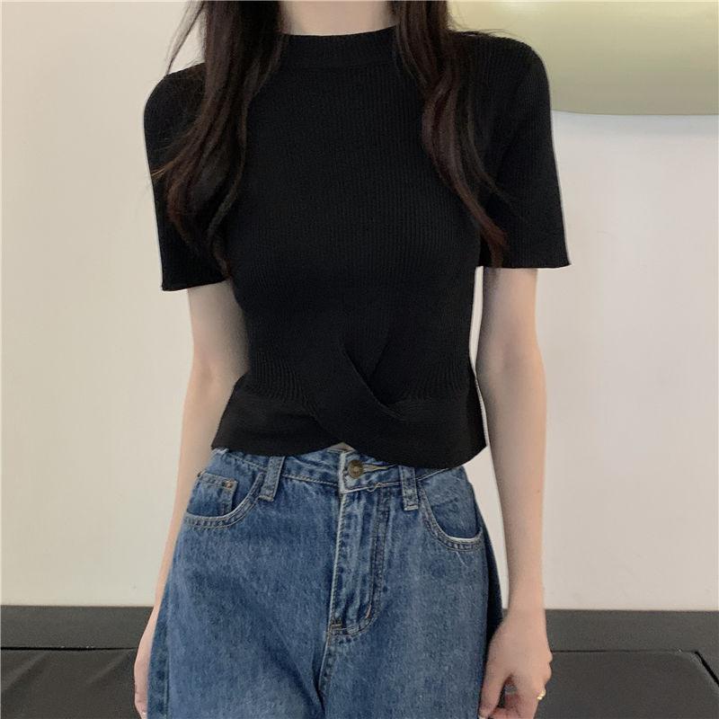 Thin Slim Fit Design Niche Knit Shirt Short Sleeved T-shirt Women's Summer High Waist Exposed Navel Short Top