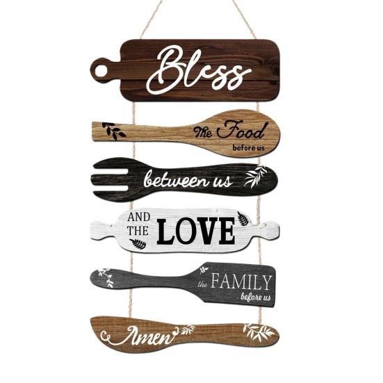 Bless The Food Before Us Kitchen Wall Decor Rustic Wooden Roped Hanging A