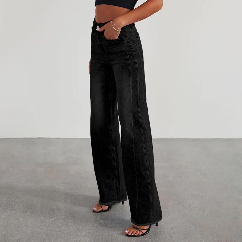 Women's Jeans Casual And Fashionable Straight Leg Elastic Fringed Denim Pants