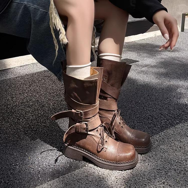 Full Cowhide Autumn and Winter Retro Heightening Medium Boots Belt Buckle Lace Locomotive Fried Street Knight Boots Thick-soled Martin Boots Women