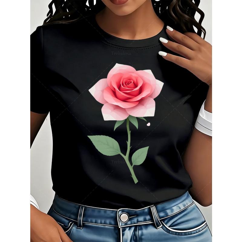 

European sizes Elegant Black Casual Top Featuring a Golden Rose Print, Perfect for Women. This Short-Sleeve Graphic Tee 4XL чорний