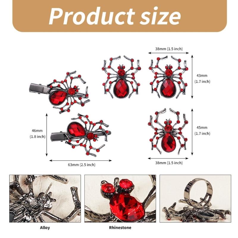 Diamond Spiders Shape Hairpin/Earring/Rings Set Halloween Hair Clip for Vacation Carnivals Ponytail Bangs Hairpin Girl