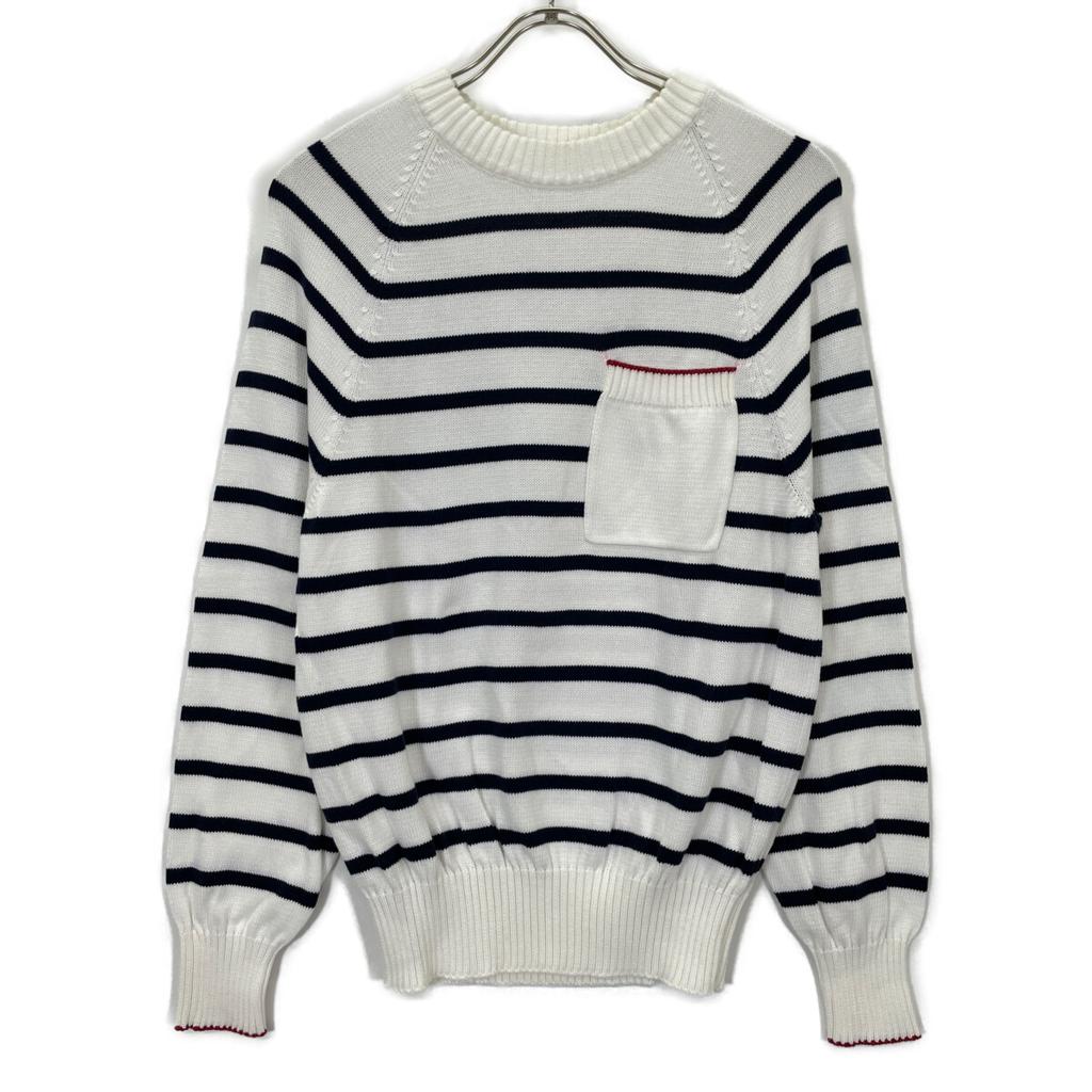 BRUNELLO CUCINELLI 2021 White Cotton Border Knit Sweater tops 46 White x navyUsed