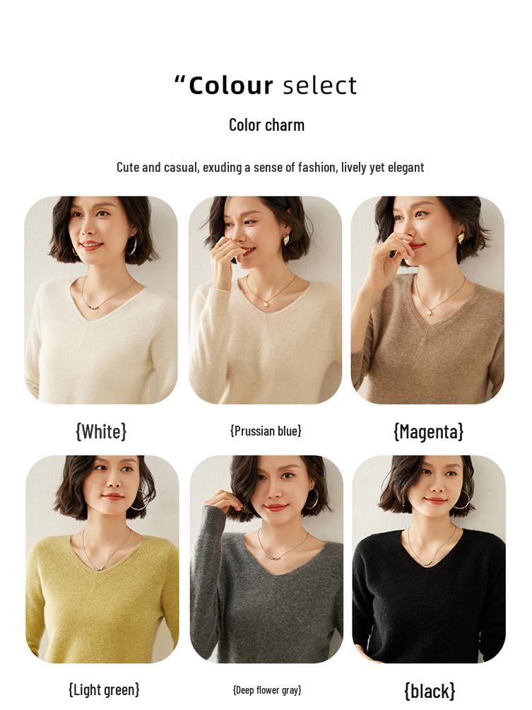 Women's V-Neck Cashmere Sweater - Slim Fit, Hollow Knit Pullover for Autumn/Winter