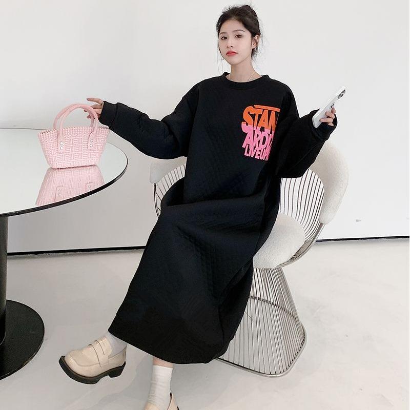 YYFS Damenmode Herbst Winter Langarm O-Ausschnitt Lockere Taille Lässige Kleider