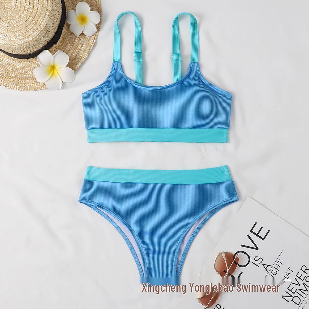 

2022 European & American Ribbed Solid High Waist Bikini Swimsuit for Women Extra Large синий