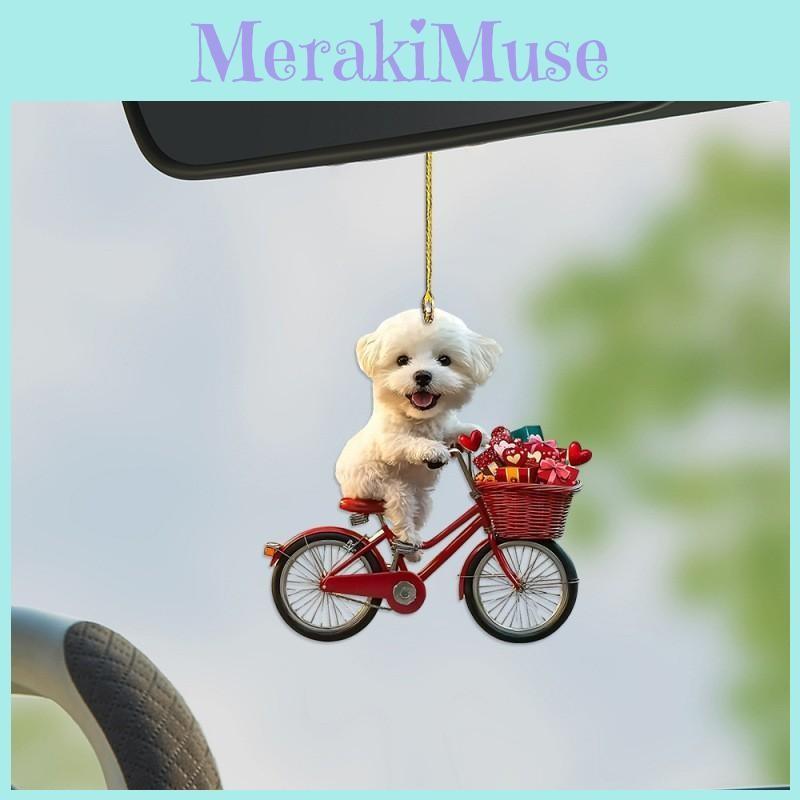 Mirror Car Acrylic Ornament Cartoon Dog Riding Bicycle Pendant For Decor Vehicle