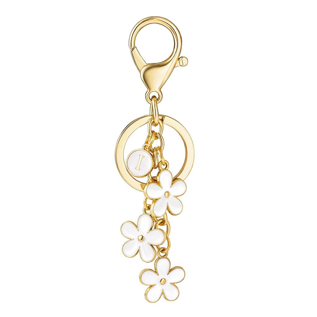 Initial Keychain White/Pink Flower Charms for Key Cute Letter Keyring for Handbag Backpack Key Ring Accessories