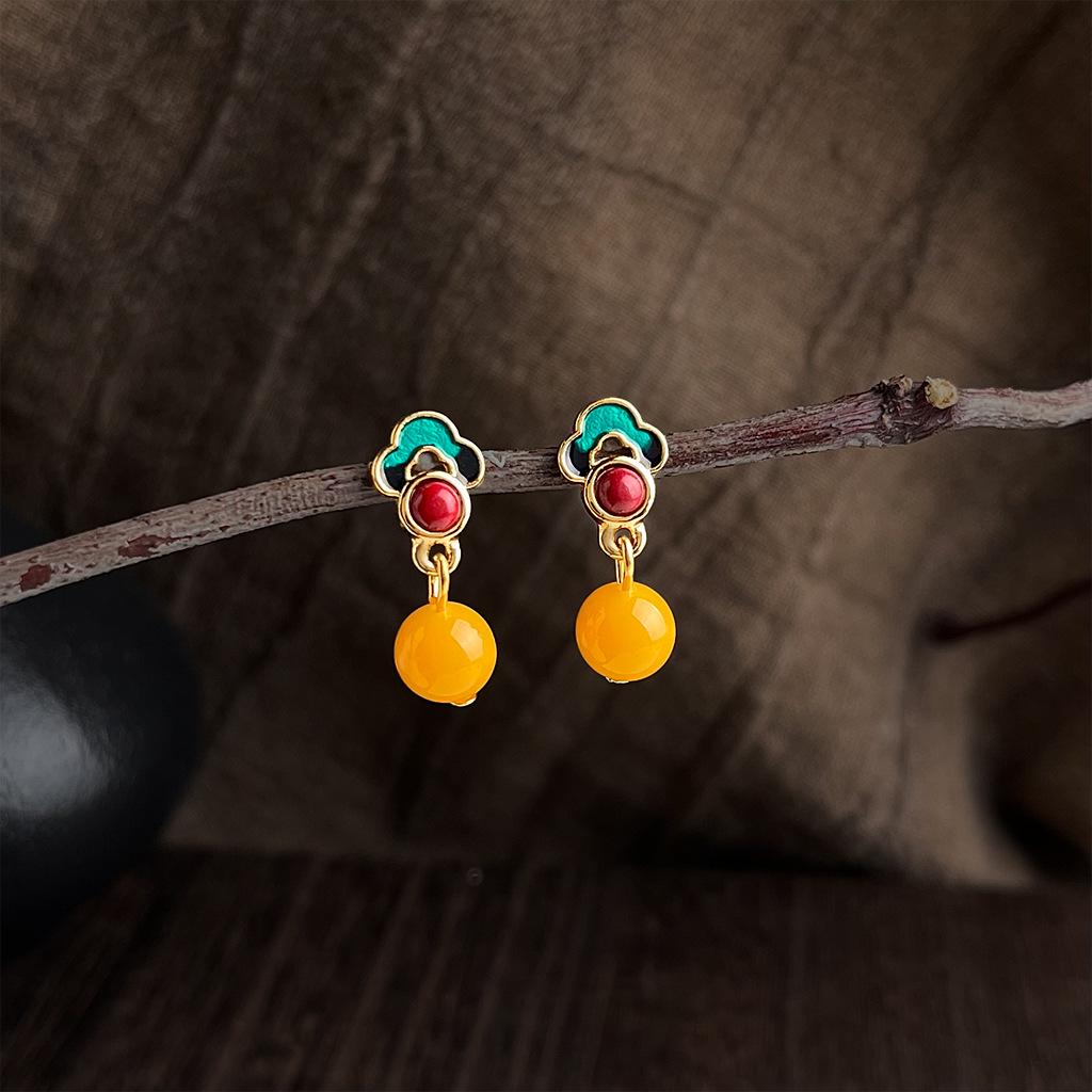 Vintage Cloud Enamel & Synthetic Amber Earrings - Tibetan Ethnic Style