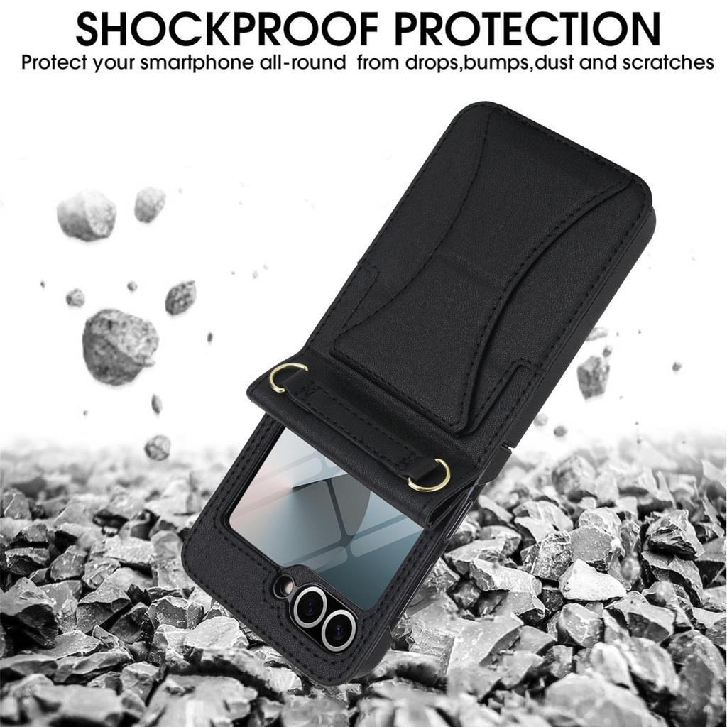 Samsung Flip6/7 Leather Crossbody Phone Case with Card Slot & Tempered Film Protection