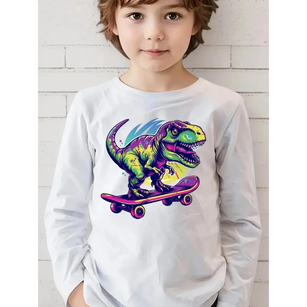 

Весенне-осенние футболки с круглым вырезом и забавным мультяшным принтом динозавров с 3D-печатью, модные повседневные детские футболки с длинным рукавом для мальчиков 120