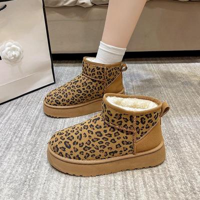 Damen Übergröße Schneestiefel Schuhe Lässig Dicke Sohle Niedriger Schaft Leopardenmuster Samt Flacher Boden Baumwollschuhe 36-41