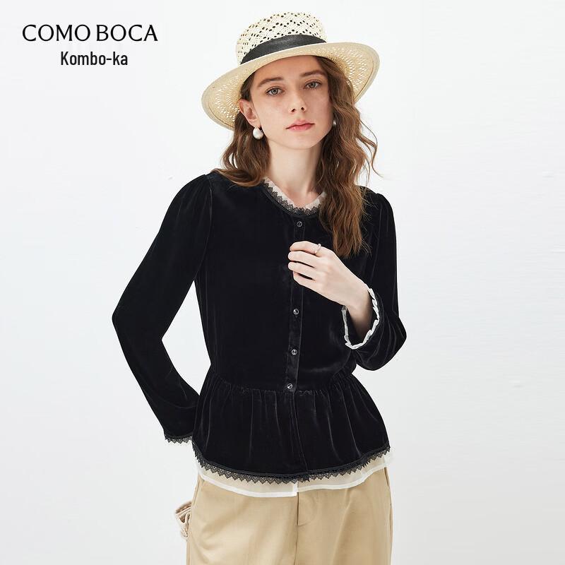COMOBOCA Women s Silk Lace Patchwork Velvet Top S