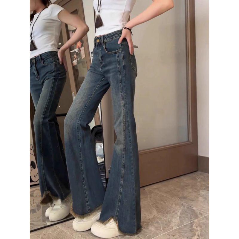 2025 Autumn Plus Size High Waist Blue Retro Frayed Micro-Flare Jeans for Women