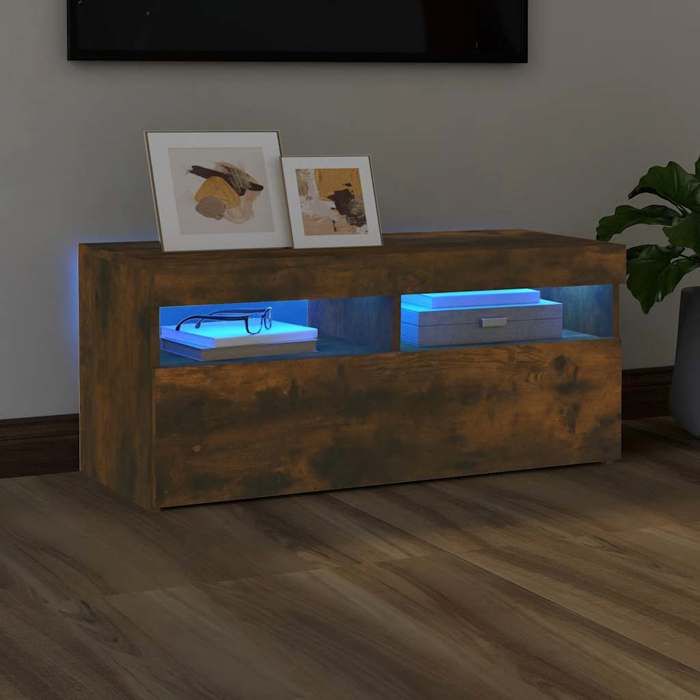 VidaXL TV Stand with LED Lights Smoked Oak 90x35x40 Cm, TV Unit with LED Light, TV Stand, Media Cabinet, TV Cabinet 815675
