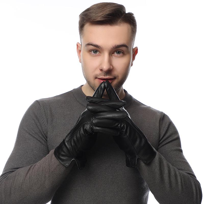 European & American Men's Sheepskin Leather Gloves with Wool Lining - Winter Warm, Plus Velvet, Windproof.