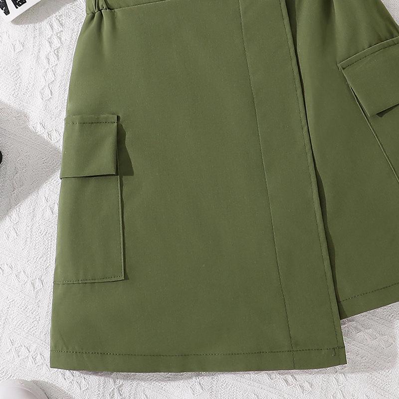 2025 Sommer Mädchen Rock & T-Shirt Set: Koreanischer Arbeitskleidungsstil mit Tasche und Buchstaben-Detail