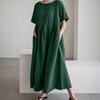 Summer Cotton Linen Dress for Women Short Sleeve Crew Neck A-linen Swing Dress Casual Loose Flowy Beach Sundress with Pockets