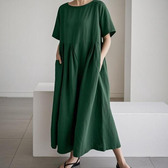 Summer Cotton Linen Dress for Women Short Sleeve Crew Neck A-linen Swing Dress Casual Loose Flowy Beach Sundress with Pockets