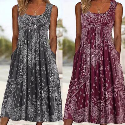 Women's Spring/summer Dress Vest Loose Holiday Style U-neck Print Sleeveless Dress