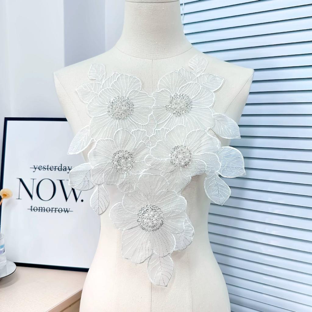 Apparel Accessories White Embroidery Beaded Pearl Flower Piece Collar Cloth Sticker Decal Decoration