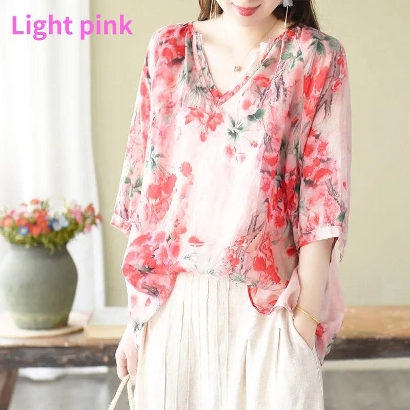Summer Shirt Vintage Floral Print Tops Women V Neck Leisure Chic Loose Blouses Cotton Linen Thin Half Sleeve Shirts Lady