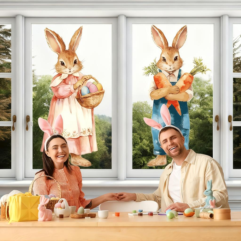 2Pcs Window Bunny Wall Sticker Bedroom Background Decoration Mural Cute Rabbit Kids Room Home Decor Self-adhesive Decals