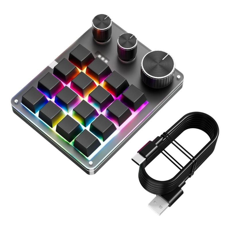 USB C Macro Keypad with 16-Key and 3 Knobs Programmable  Mechanical Gaming Keyboard for Efficiency Gaming and Office