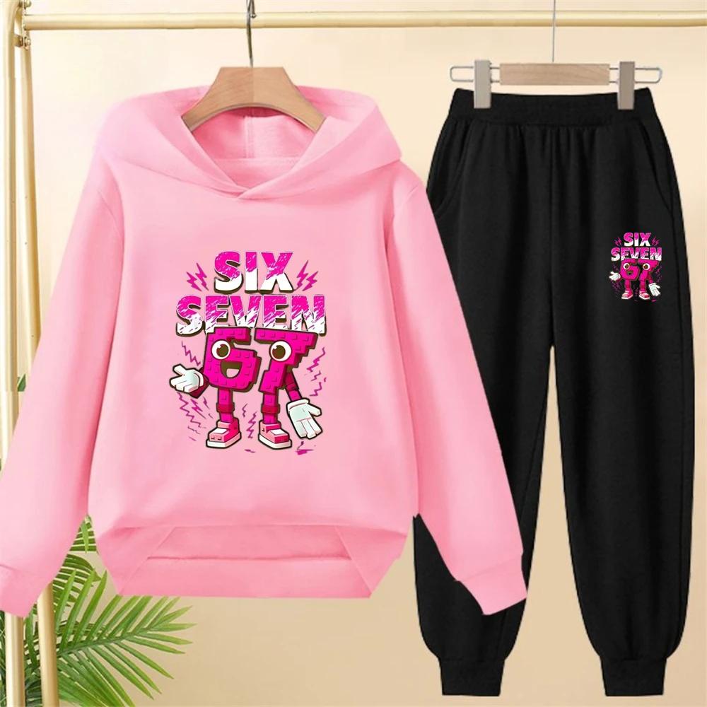 Children From 3 To 12 Years Old 67 Printed Hooded Sweatshirt and Black Top and Pants Suit, Suitable for Girls and Boys