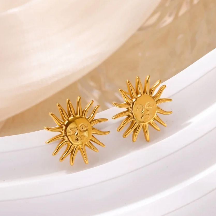 Punk Sun Earrings For Women Gold Plated Stainless Steel Geometric Sun Face Earring Wedding Aesthetic Waterproof Jewelry Gift