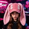 PlushLong Ear Baseball Cap with Plush Rabbit Ears Washed Distressed Peaked Hat for Bunny Ears Winter Long Dance Party Show Festivals
