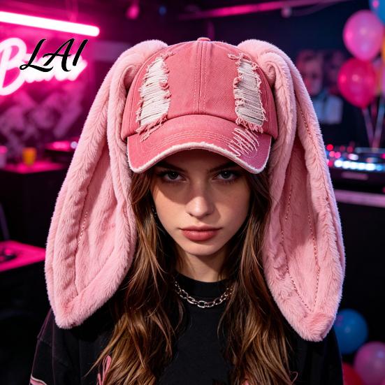 PlushLong Ear Baseball Cap with Plush Rabbit Ears Washed Distressed Peaked Hat for Bunny Ears Winter Long Dance Party Show Festivals
