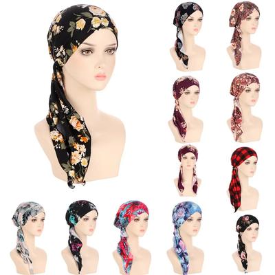 Hete Dames Moslim Turban Hijab Kanker Chemo Hoed Bloemenprint Pet Haaruitval Bedekking Hoofddoek Elastische Bandana Wikkel Vooraf Geknoopte Hoofdbedekking